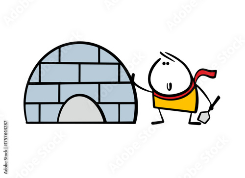 Cartoon little boy with a shovel built a needle out of ice and snow. Vector illustration of a stickman in warm clothes and a winter hut. Doodle reliable shelter for winter weather.
