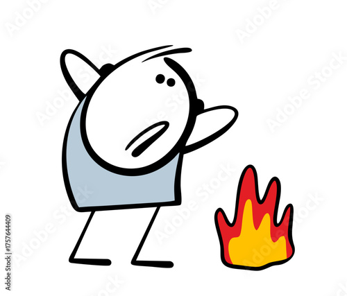 Cartoon stickman looks at the fire in panic. Vector illustration of a bonfire in the forest, an unexpected flame, a stickman is afraid, wants to put out the fire.