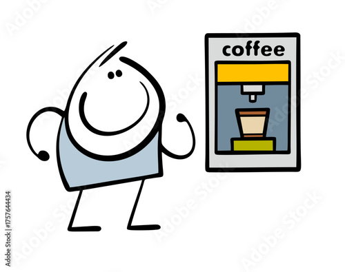 Funny stickman makes coffee in the vending machine. Vector illustration of a hot drink and a break in work, pause. Delicious tea for lunch in a paper cup.