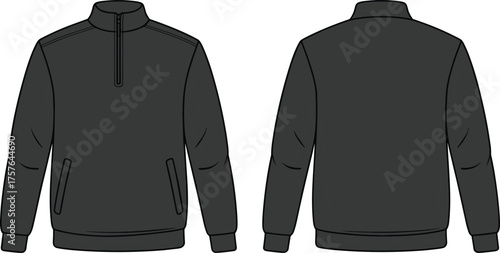 Pullover jacket flat sketch, long sleeve design, high collar with zipper, ribbed cuffs and hem, fashion technical drawing, vector garment template illustration