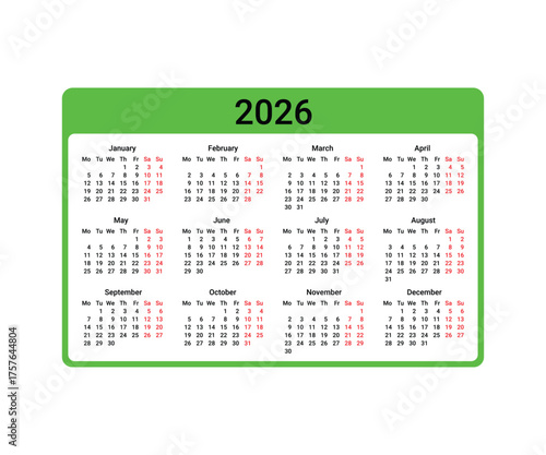 2026 Calendar Grid With Green Border And White Background On Transparent Background