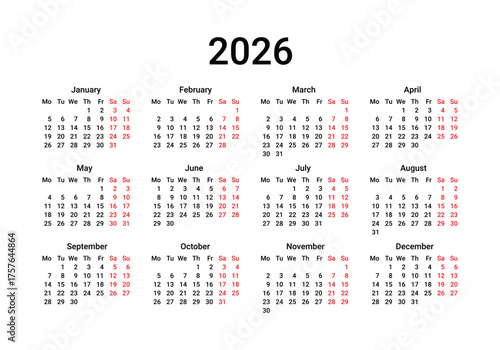 2026 Calendar Grid With Black Text On Transparent Background