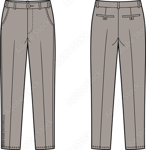 Trousers flat sketch, men’s pants design, fashion technical drawing, waistband with belt loops, vector garment template, clothing outline, apparel construction illustration