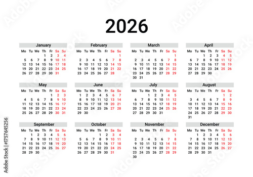 2026 Yearly Calendar Grid With Red Sundays January On Transparent Background