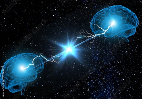 Downloading information from universal source, symbolic representation   two brains on a black starry background