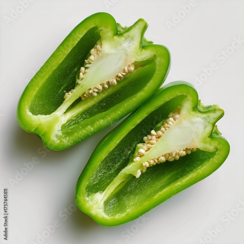 Freshly Cut Green Bell Pepper Halves Showing Seeds and Interior Details With ...