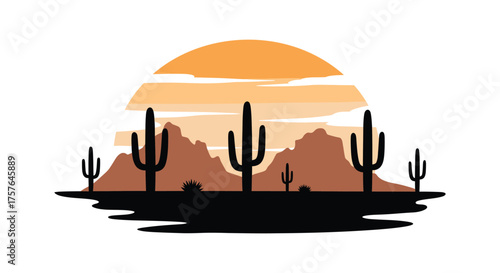 Desert landscape with saguaro cacti and mountains under a large sun silhouette