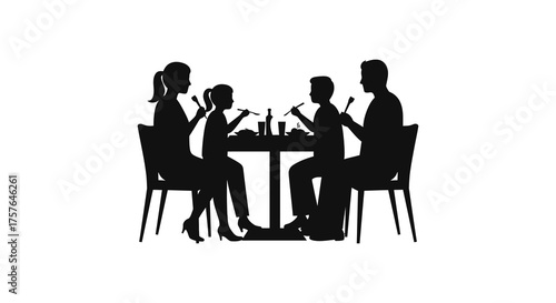 A family of four enjoys a meal together at a table in a simple elegant silhouette style