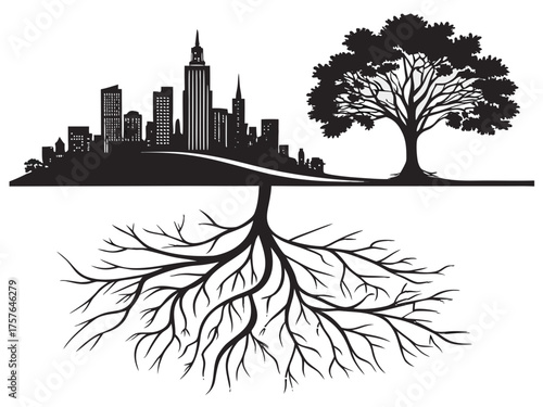 Cityscape and tree silhouette with visible root system