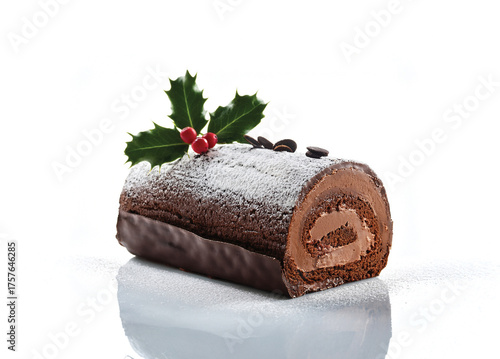 classic French Bûche de Noël chocolate Yule log cake, decorated with cream, chocolate bark texture, holly leaves, and powdered sugar, isolated on white background