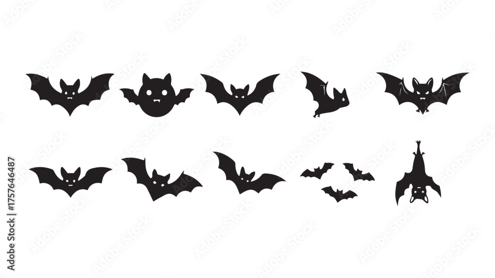Fototapeta premium Black silhouette Halloween bat and bats vector icon set