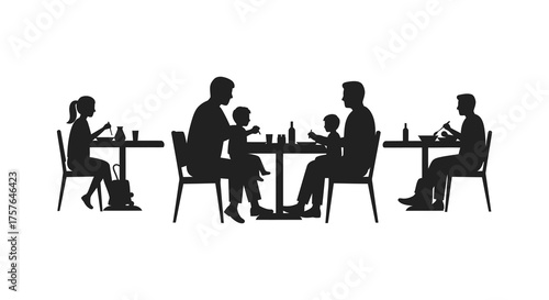 A diverse group of people enjoying a meal together at tables in a restaurant silhouette