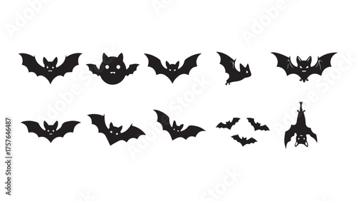Black silhouette Halloween bat and bats vector icon set