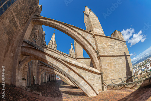 Terrace of the Cathedral of Santa Maria of Palma, or La Seu, a Gothic Roman Catholic cathedral located in Palma, Mallorca, Spain. Build begun by King James I of Aragon in 1229 and finished in 1601.