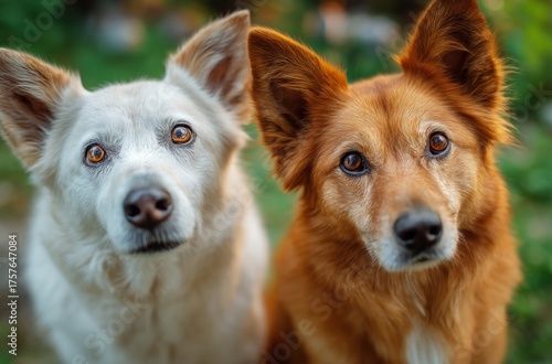 Two Dogs With Distinct Fur Colors Pose Together in a Lush Garden Setting Duri...