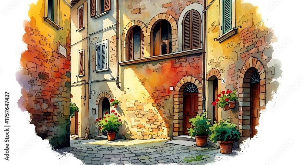 Naklejka premium Watercolor painting of a charming italian street scene isolated on white background captures the essence of tuscany