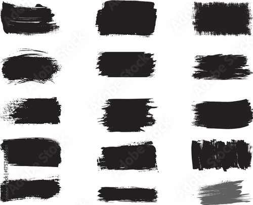 Collection of diverse black paint brush strokes and textured rectangular shapes on a white background
