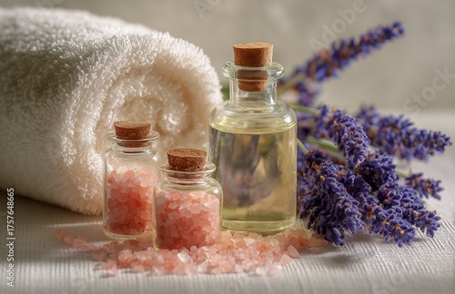 Relaxing Spa Setup With Lavender, Essential Oil, and Bath Salts on a Light Bl...