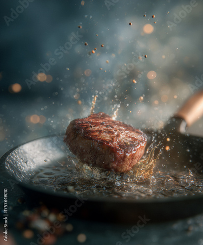Saftiger Steak in Bewegung beim Braten in der Pfanne