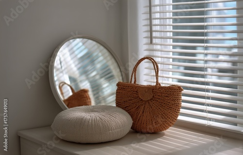 Cozy Bedroom Corner With Woven Bag and Round Pillow in Sunlight