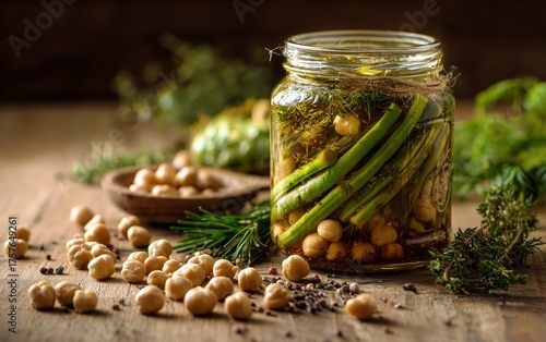 Homemade Pickles With Chickpeas and Fresh Herbs Set on a Wooden Table