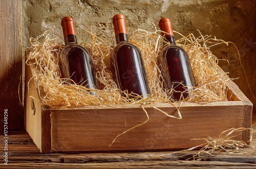 Bottles of Red Wine Nestled in Wooden Crate With Straw on Rustic Wooden Backg...