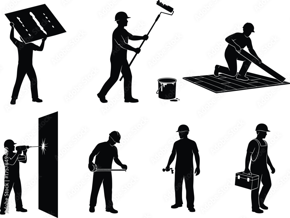 Obraz premium Construction workers silhouette set, painting, drilling, measuring, flooring, wrenching, carrying tools, vector illustration for building, maintenance, renovation, labor, industry