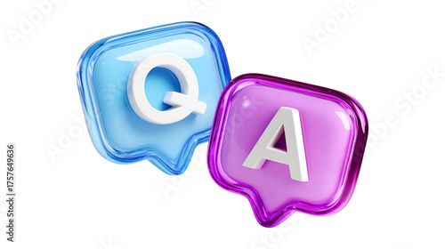 Two glossy 3D speech bubbles one blue with the letter Q and one purple with the letter A symbolize a question and answer exchange