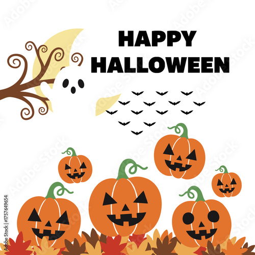 A Halloween backdrop featuring pumpkins and ghosts, a set of Halloween pumpkins, holiday-themed design, trendy abstract autumn greeting card, poster, or cover
