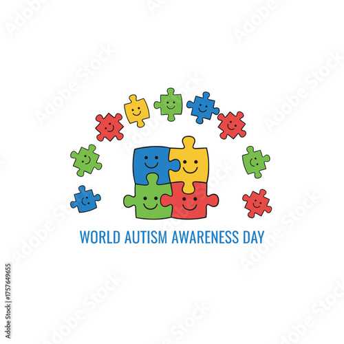 World Autism Awareness Day is marked by colorful face-filled puzzles on a vector background, featuring the autism symbol in a flat medical illustration that highlights health care