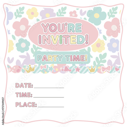 A pastel abstract background featuring floral vector illustration, a cute abstract design, a decorative banner with a Lol surprise doll girlish theme, and an invitation card template