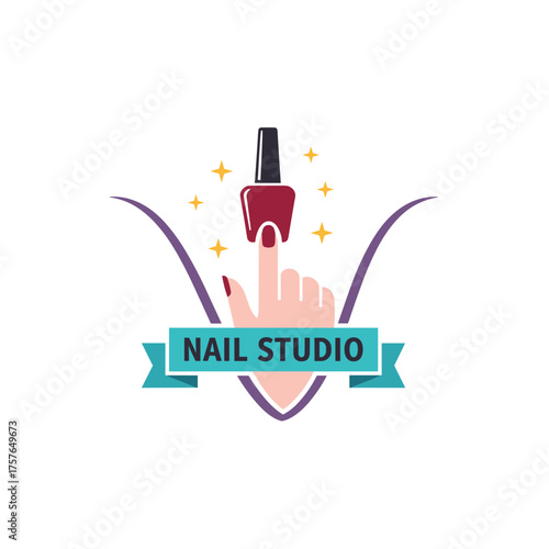 Linear‑style vector design template featuring a nail studio varnish emblem, a beauty spa, hand, and varnish adorned with stars