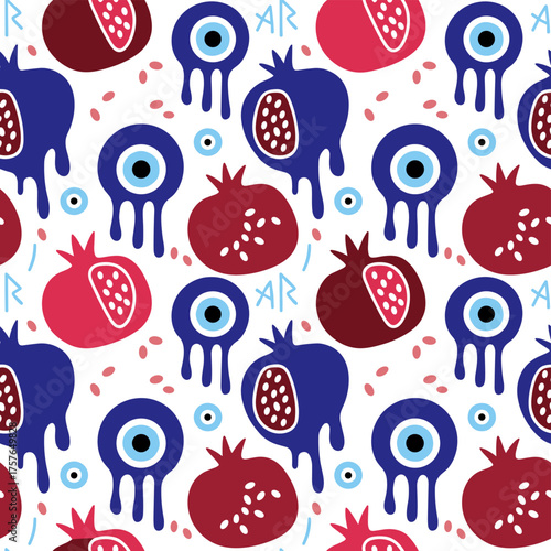 A seamless pattern of a pomegranate Turkish eye, an evil eye garnet vector illustration, a vector depiction of a pomegranate fruit, and a traditional protection amulet background with melting blue