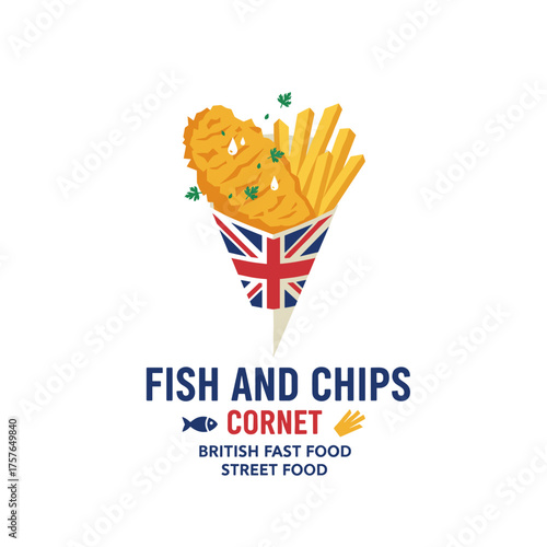 A vector illustration of classic British street food: fish and chips served in a cornet, featuring deep‑fried potatoes and fish