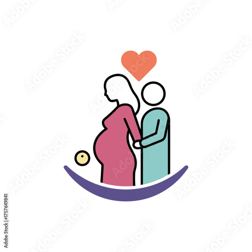 A linear silhouette icon depicting a pregnant woman, symbolizing motherhood, maternity, pregnancy, and childbirth, with a doula providing assistance
