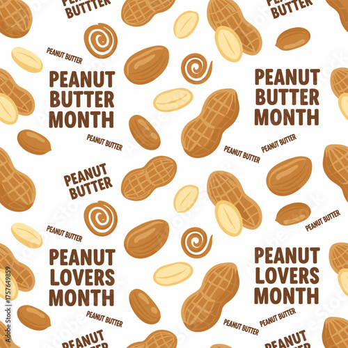 A continuous design featuring peanuts, celebrating Peanut Butter Lovers Month, with both peeled and unpeeled nuts