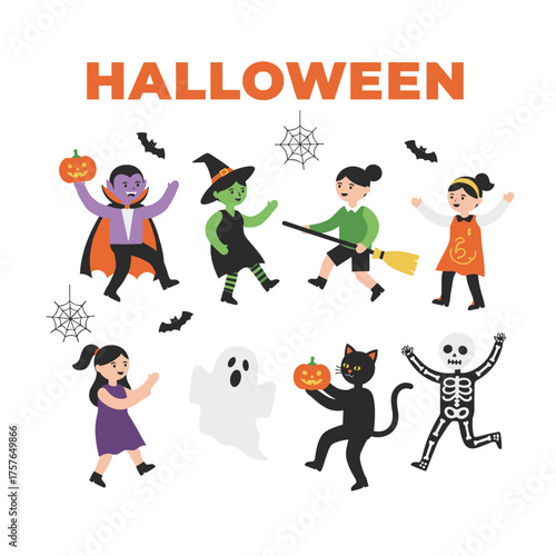 Background of a Halloween party with people in costumes, featuring a group of teens in Halloween attire