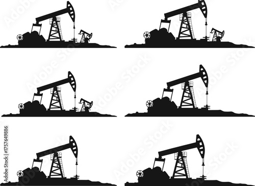 Oil pumpjack silhouettes, crude oil extraction, petroleum industry, drilling equipment, fossil fuel, energy production, industrial machinery, oil derrick, engineering, resources