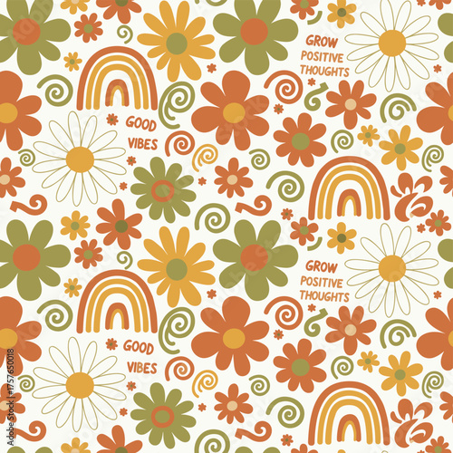 This seamless pattern showcases retro 70s and 60s hippie-inspired groovy flowers, rainbow florals, and daisies, promoting positive thoughts and good vibes with a boho summer flower power child