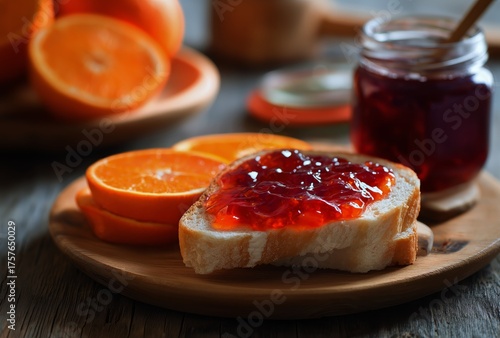 Fresh Toast With Orange Jam and Slices Served on a Wooden Plate