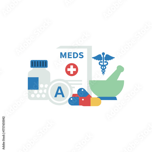Different medicines, aspirin and pills, represent the pharmacy concept