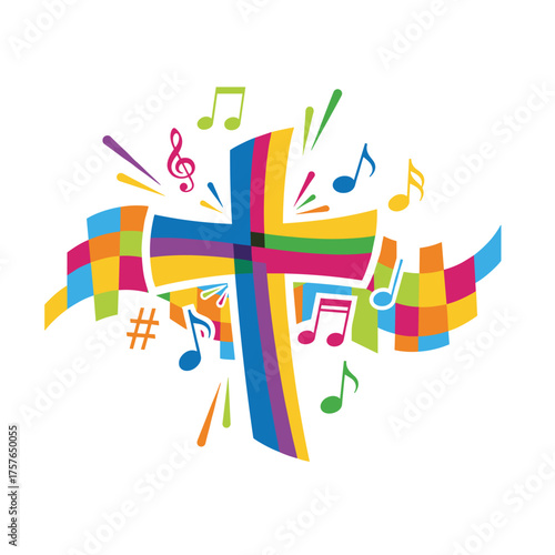 Vibrant Christian cross adorned with musical notes against a bright, religion-themed backdrop for gospel church music, choir performances, concerts, festivals, Christianity, and prayer