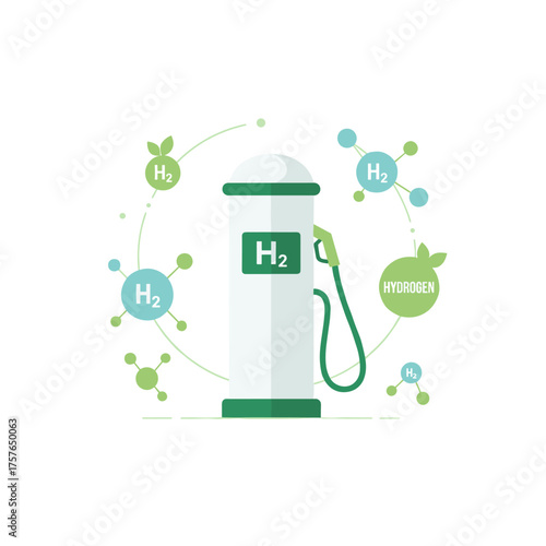 H2 Hydrogen Molecule Gas Pump featuring floating spherical elements and molecules labeled H2 and Hydrogen, illustrating the ecological, biological, and biochemical principles of renewable green