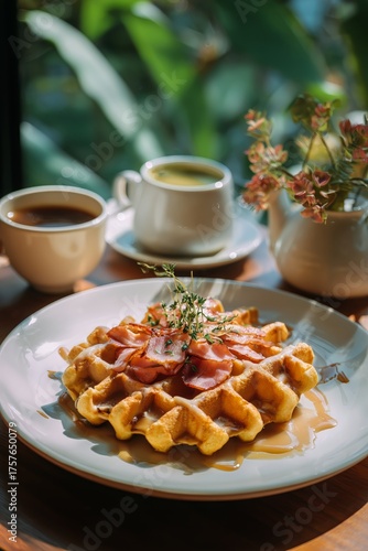 Delicious Waffle Topped With Bacon Served With Tea in a Cozy Setting