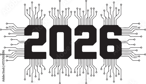 Futuristic 2026 Year Typography with Circuit Board Connections and Digital Technology Theme