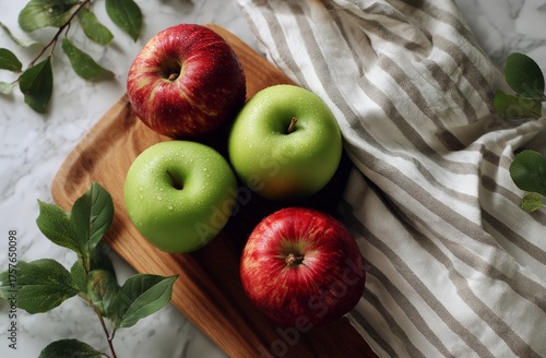Fresh Apples on a Wooden Board With a Kitchen Towel and Green Leaves in a Rel...