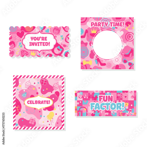 Pink abstract backgrounds collection featuring a decorative banner with a girlish Lol surprise doll theme, ideal as an invitation card template