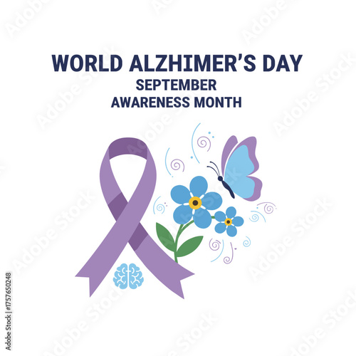 Design template for Alzheimer's and brain awareness month, featuring a vector illustration for World Alzheimer's Day with ribbon, flower, and butterfly
