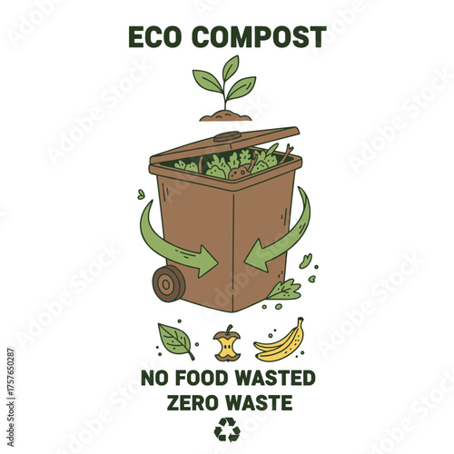 A hand‑drawn vector illustration of a garden composting bin filled with scraps, promoting eco‑friendly composting, zero food waste, and sustainable living through organic waste recycling