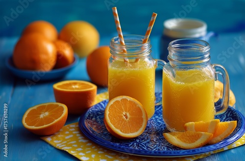 Freshly Squeezed Orange Juice With Whole Oranges on a Blue Wooden Table at a ...